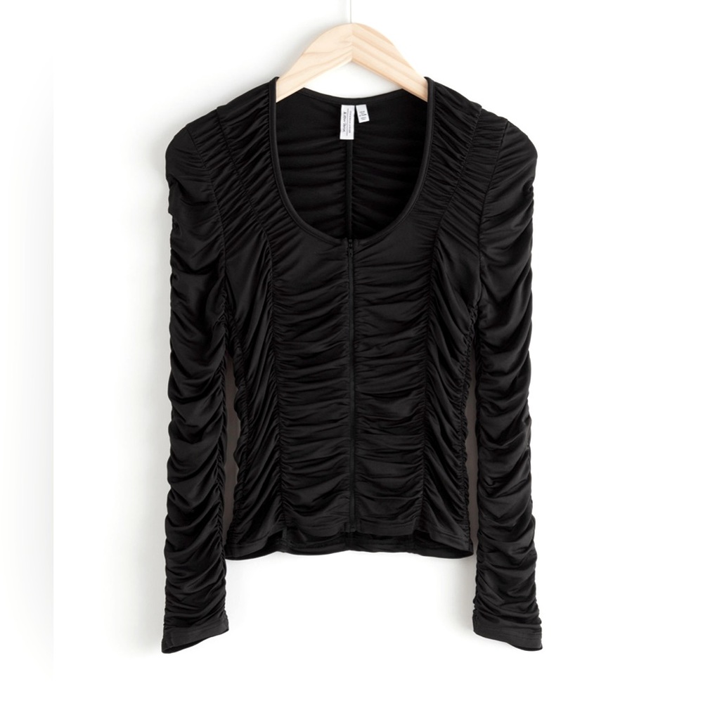& Other Stories Fitted Gathered Ruched Square Neck Top Black - 4